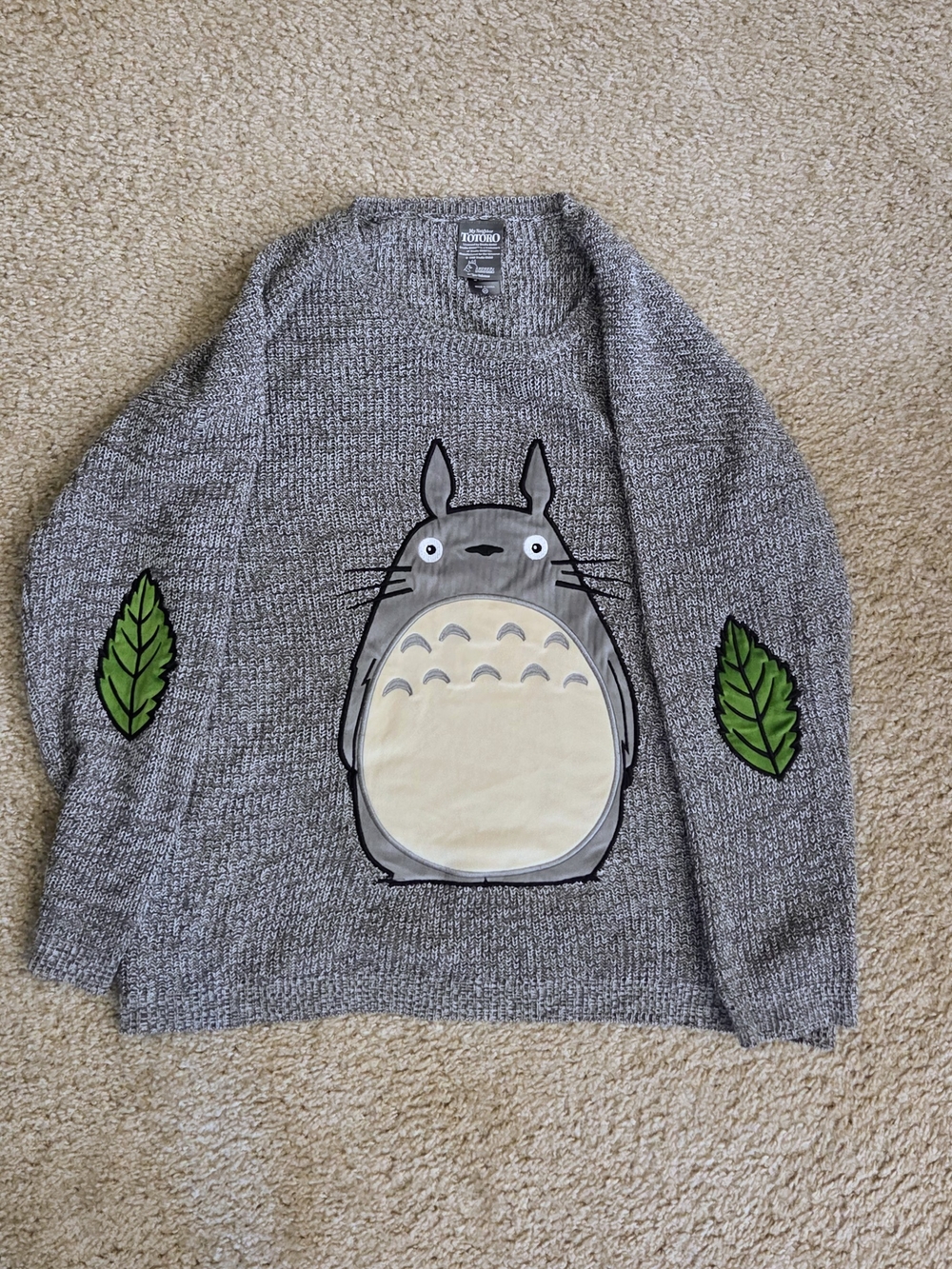 Her Universe Gray Totoro Crewneck Sweater with Green Leaf Elbows 2X